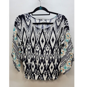 Cato  Peasant Top Blue Teal Tan Boho Kimono Sleeve